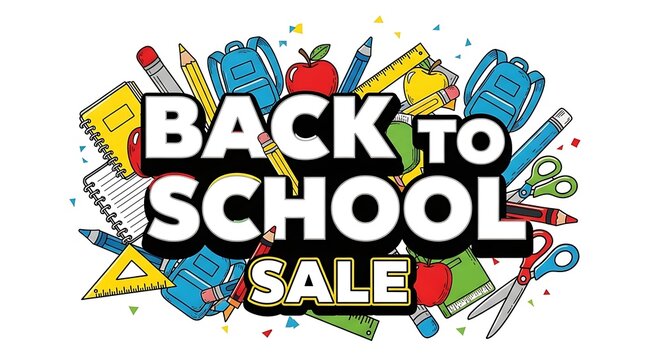 Colorful Back to School Sale Advertisement with School Supplies