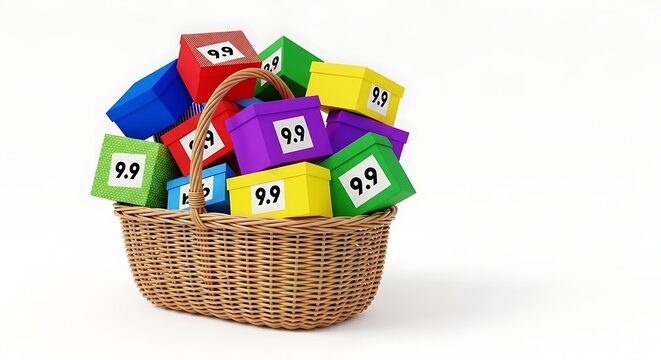 Colorful Boxes with 9.9 in a Wicker Basket Representing Deals and Offers