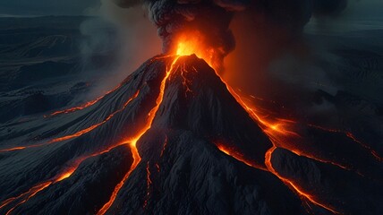aerial drone shot of erupting volcano, lava rivers glowing against dark terrain, massive ash plume, wide cinematic view, photorealistic.