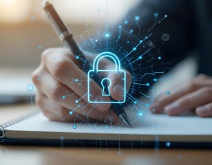 A person writing on a notepad with a pen, overlaid with a digital padlock and circuit design elements