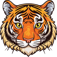 Illustration of a tiger's head, featuring orange fur, black stripes, yellow eyes, and a pink nose in a cartoon style.