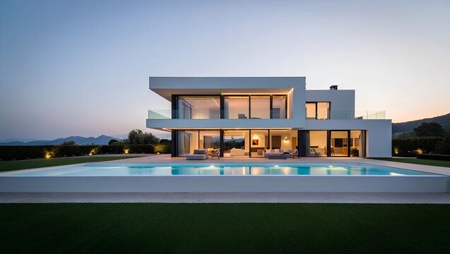 Luxury Modern Villa at Dusk:  Infinity Pool, Mountain View, Tranquil Evening Scene.