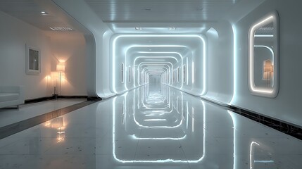 Fototapeta premium lean AI hospital corridor with illuminated smart panels and minimalistic wall space on right side for overlay of healthcare communication or digital interface