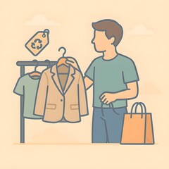 Man shopping secondhand clothes vector illustration in flat pastel style
