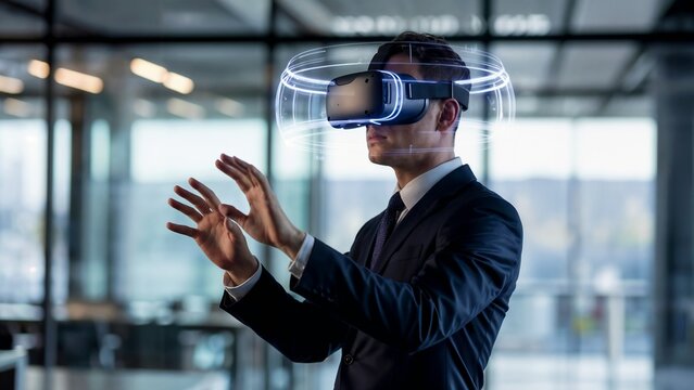 Suited businessman immersed in a virtual reality experience in a modern office, holographic display emanating from the VR headset, hands raised, interacting with virtual objects, immersion, technology
