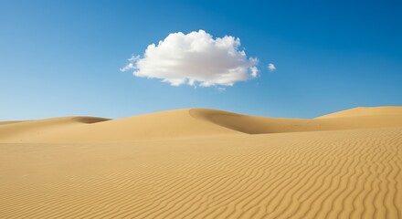 Naklejka premium Experience nature through a serene desert landscape with rolling sand dunes under a clear blue sky and a single fluffy cloud.