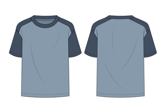 Crew Neck Shoulder Drop T-shirt Technical Illustration, shoulder drop T-shirts design in flat, Front and back views of two unisex T-shirts designed in flat, Blue Raglan Short Sleeve Shirt Design Front