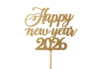 Celebrate happy new year 2026 with shimmering gold glitter lettering on white background for festive events