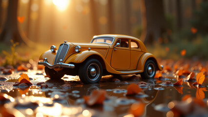 Yellow toy car surrounded by broken glass staged as symbolic still life representing accident hazard and miniature disaster scene