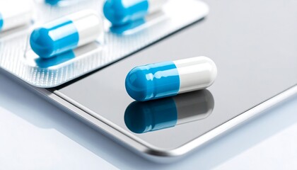 Close-up of pills in blister pack on tablet