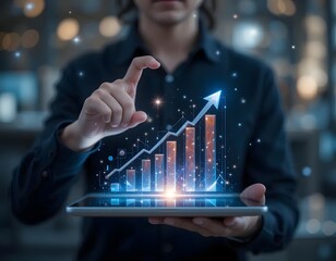 Person holding tablet displaying a rising bar graph with an upward pointing arrow and glowing particles
