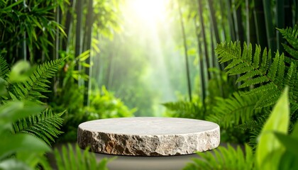 Round stone platform in lush bamboo forest