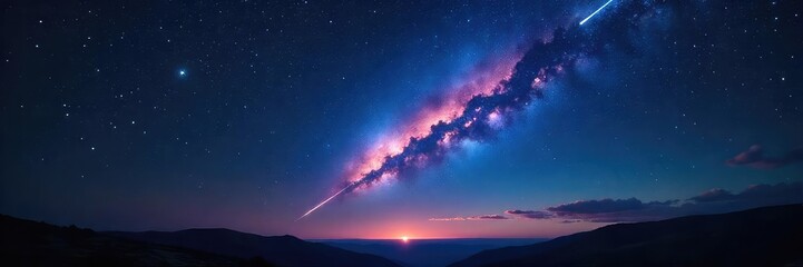 Obraz premium Awe-inspiring view of a meteor shower streaking across a dark night sky, illuminating the vast expanse of stars Perfect for astronomy, space, and celestial themes , astronomy, shooting star