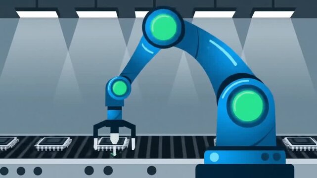Industrial robotic arm on a factory conveyor belt, a minimal style flat design vector animation with loop motion on a clean background.