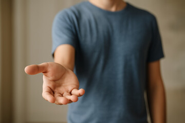 Close-up of a young man extending his open hand forward in a gesture of offering, connection, or support. The focus is on the palm, with a soft, neutral background