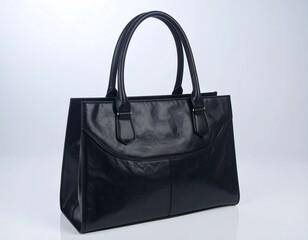 Naklejka premium Black leather tote bag against white background