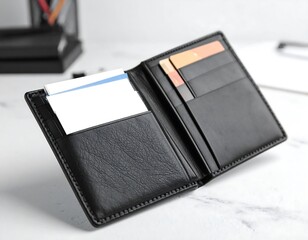 Black leather wallet open on marble