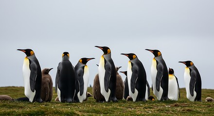 Obraz premium A ground view of King Penguins displaying their vibrant plumage and cloudy backdrop - captured in perfect lighting