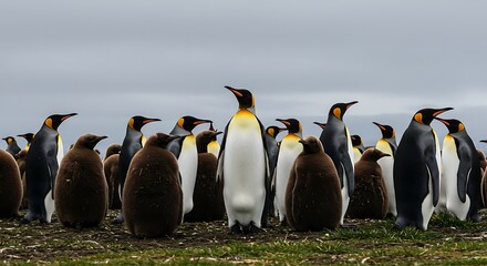 Fototapeta premium Experience nature through a ground view of king penguins displaying their vibrant plumage and cloudy backdrop