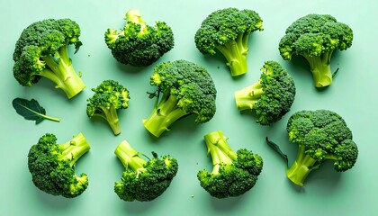 Fresh broccoli heads arranged on a mint green background