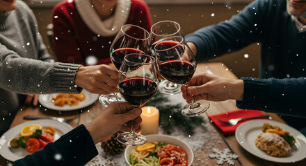 holidays and celebration concept - close up of friends having christmas dinner at home, drinking red wine and clinking glasses over snow
