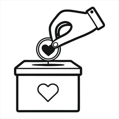 Hand dropping coin with heart into donation box with heart symbol