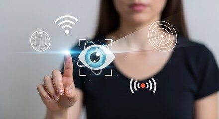 Woman interacts with futuristic eye interface, augmented reality and digital connectivity
