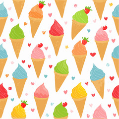Ice cream pattern. Vector seamless background. Cute summer crayon ice cream drawing. Sweet fruit cone.