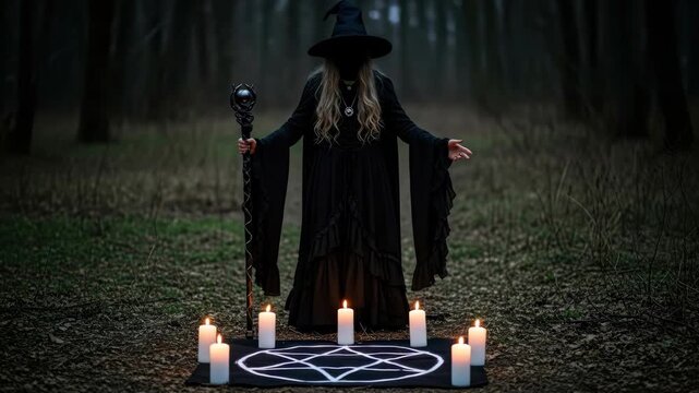 Mystical Witch Conducting Ritual in Forest with Pentagram and Candles, Enchanting Sorceress in Dark Attire Casting Spells in the Woods