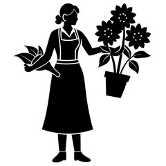 Black vector silhouette of woman arranging flowers