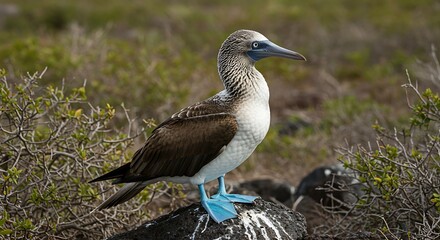Photography spotlight: A blue-footed booby perched on a rock in the Galapagos Islands, showcasing its vibrant blue feet and natural habitat. Sula nebouxii.