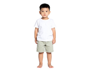  Asian Toddler Boy Standing with Hands by Side, White Blank T-Shirt Front Mockup