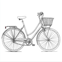 A detailed line drawing of a vintage bicycle with a basket on the front and a white background space