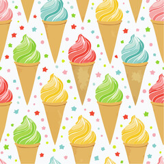 Ice cream pattern. Vector seamless background. Cute summer crayon ice cream drawing. Sweet fruit cone.