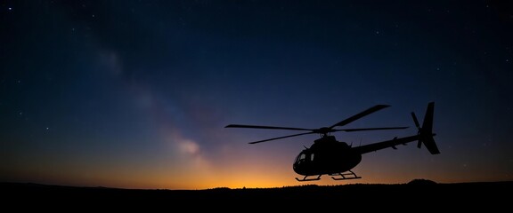 Fototapeta premium Night helicopter silhouette against starry sky, stars, travel