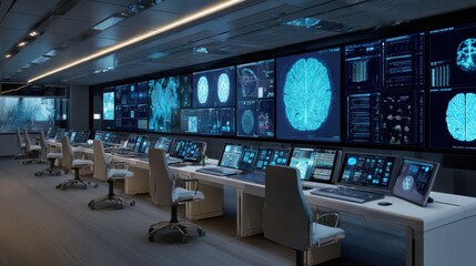 Modern medical research facility with advanced technology displays