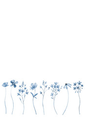 Obraz premium Floral background with blue flowers for greeting card, invitation and other printing design. Isolated on white. Hand drawing.