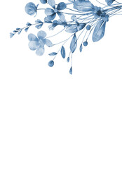 Floral background with blue flowers for greeting card, invitation and other printing design. Isolated on white. Hand drawing.