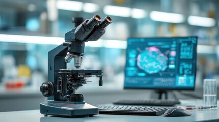 Advanced Laboratory Microscope on Desk with Computer Displaying Data