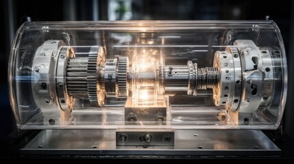 Metallic Engine Component Displayed Inside Transparent Cylinder Case