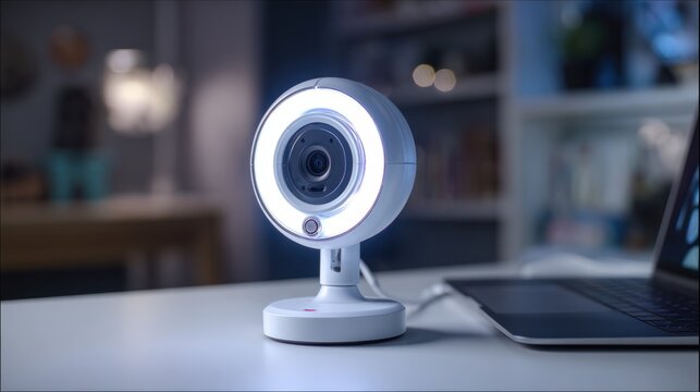 Modern Webcam with Ring Light on Desk Next to Laptop in Home Office