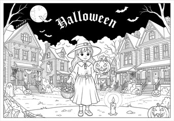 Halloween Coloring Page with a Witch, a girl wint candies and pumpkins