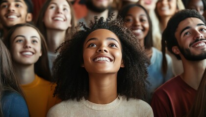 Obraz premium Diverse crowd smiles with hope and positivity.