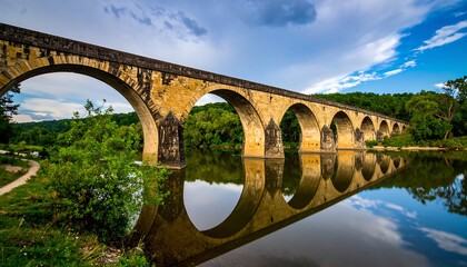 Stone arch bridge over calm water