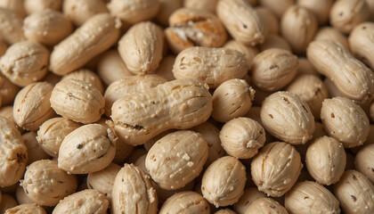 Obraz premium A close-up, macro shot of a single peanut in its shell, resting on a rustic wooden table with scattered peanut fragments. The focus is sharp on the textured shell, with a soft, blurred background of m
