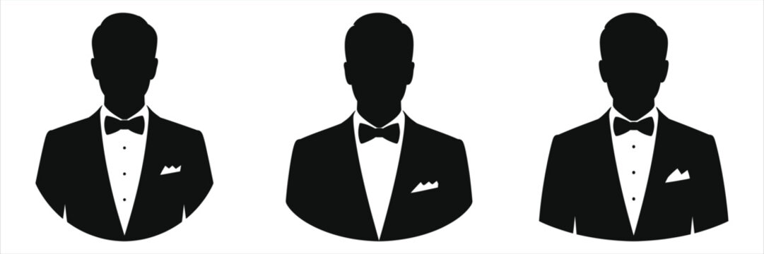 "Three Elegant Silhouettes of Men in Tuxedos: Formal Wear, Bow Tie, and Pocket Square for Professional Events, Weddings, and Corporate Designs - Minimalist Vector Illustration"