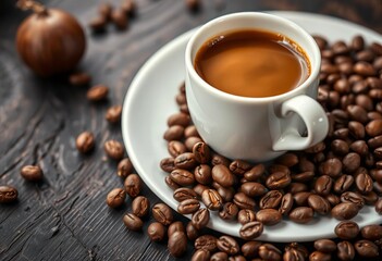 Fototapeta premium White cup, hot coffee, toasted beans, rustic black table , coffee, aroma