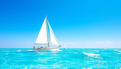 Obraz premium White sailboat on turquoise waves, sunny blue sky, paper cut style, maritime, art