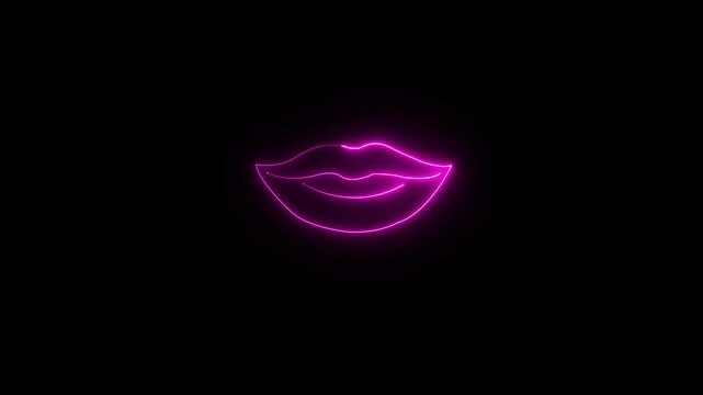 neon lip icon animation,female mouth sign of kiss neon icon motion,neon glowing line lips sign, icon animation on the black background.glowing neon lips icon isolated 4k video animation.