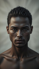 Fototapeta premium Young muscular man with serious expression posing in front of dramatic background